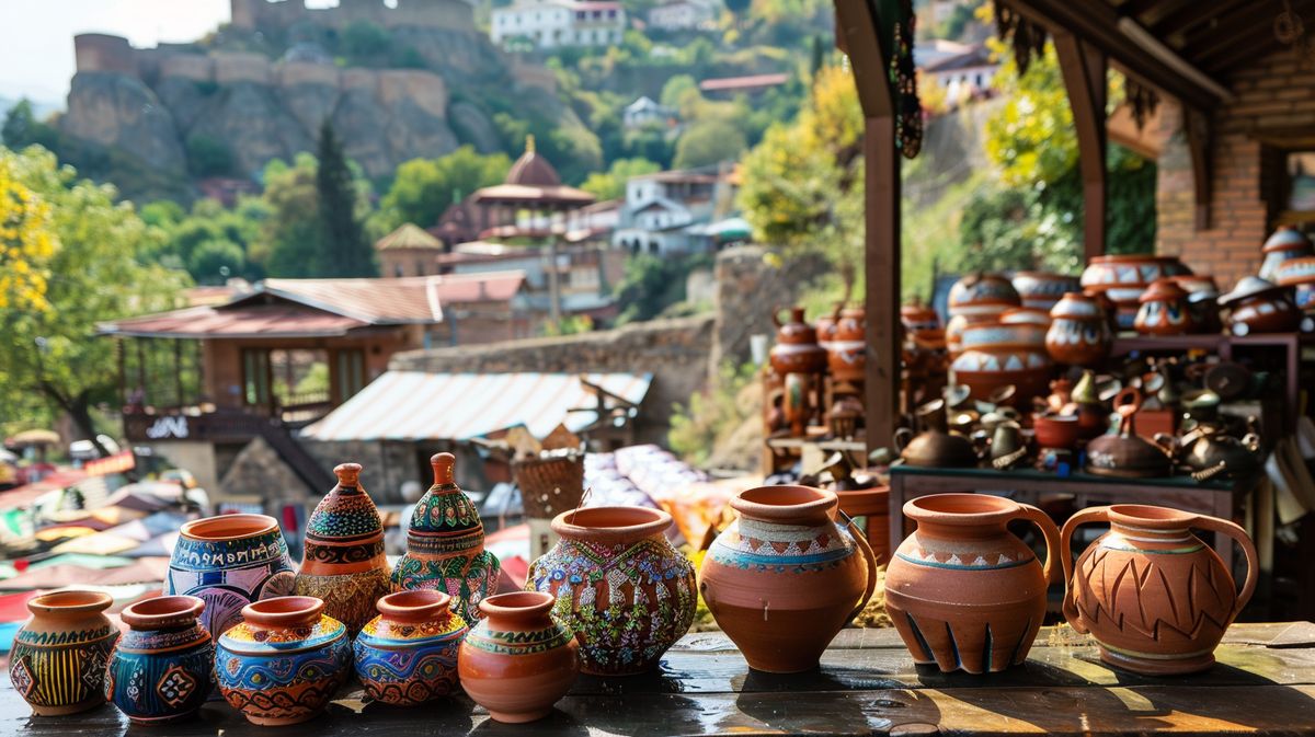 Tiflis hediyelik eşya satan dükkanın rengarenk vitrini ve çeşitli yerel süs eşyaları
