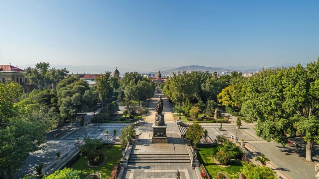 Tiflis özgürlük meydanında gün batımı manzarası, hareketli sokaklar ve tarihi binalar