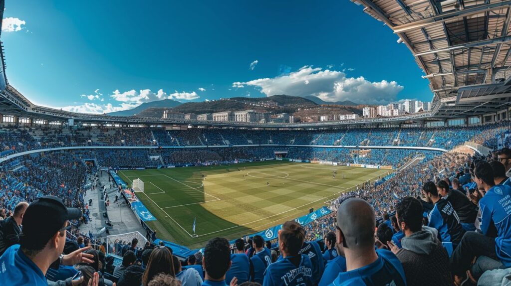 Dinamo Tiflis futbol takımının oyuncularını gösteren stadyumda çekilmiş canlı maç fotoğrafı