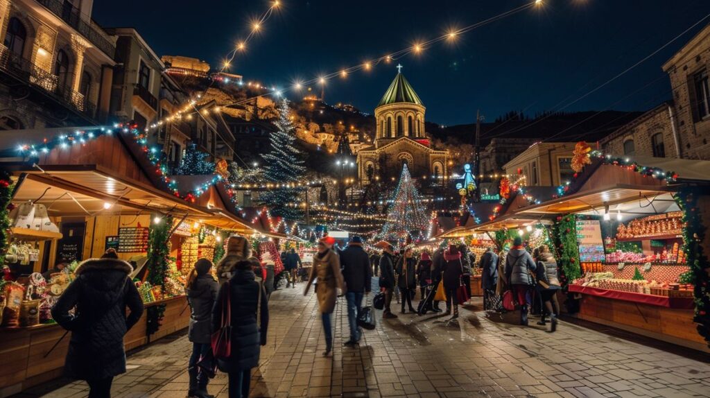 Tiflis noel pazarında geceleyin ışıklarla süslenmiş tezgahlar