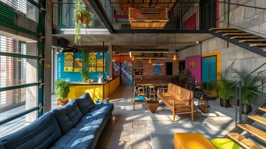 Fabrika Hostel Tiflis'in modern ve renkli iç mekan tasarımını gösteren fotoğraf