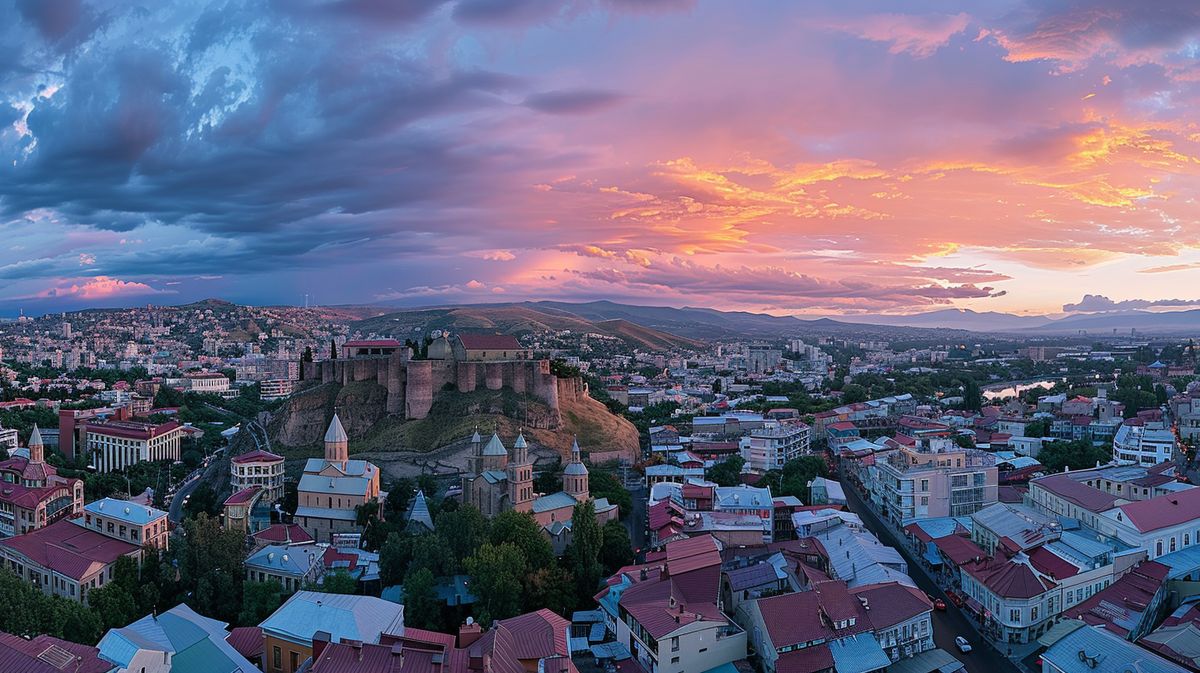 Tiflis şehir manzarası, tarihi binalar ve modern mimari
