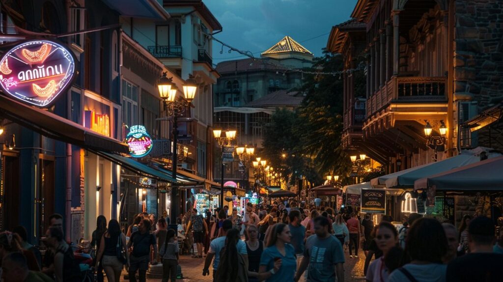 Tiflis gece hayatını canlı bir şekilde gösteren şehir manzarası