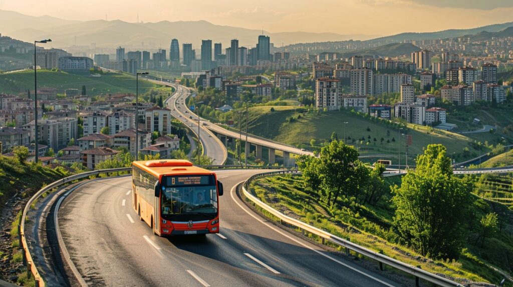 Kırmızı elbise giyen kadın, şehir manzarası önünde poz veriyor