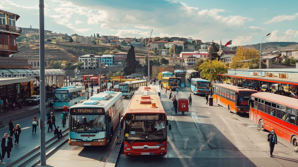 Tiflis otogar önünde park etmiş otobüsler ve yolcular