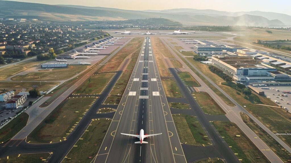 Tiflis havalimanında gün batımı manzarası, uçaklar ve terminal binası