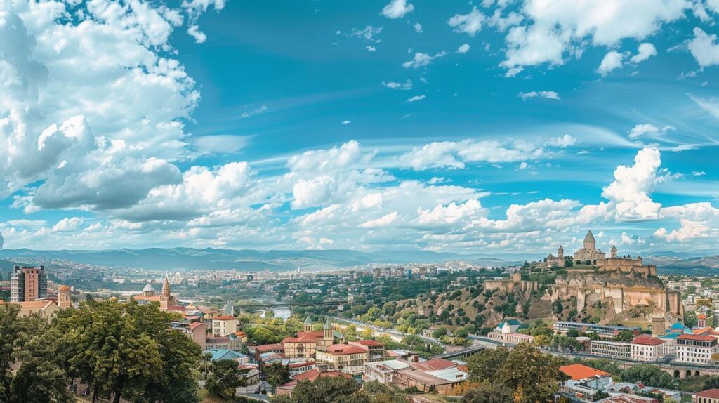 Tiflis gezilecek yerler arasında popüler olan Narikala Kalesi'nin panoramik manzarası