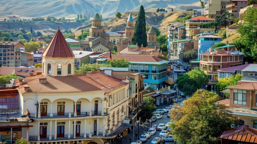 Tiflis merkez otelleri yakınındaki hareketli caddede akşam yemeği yiyen insanlar