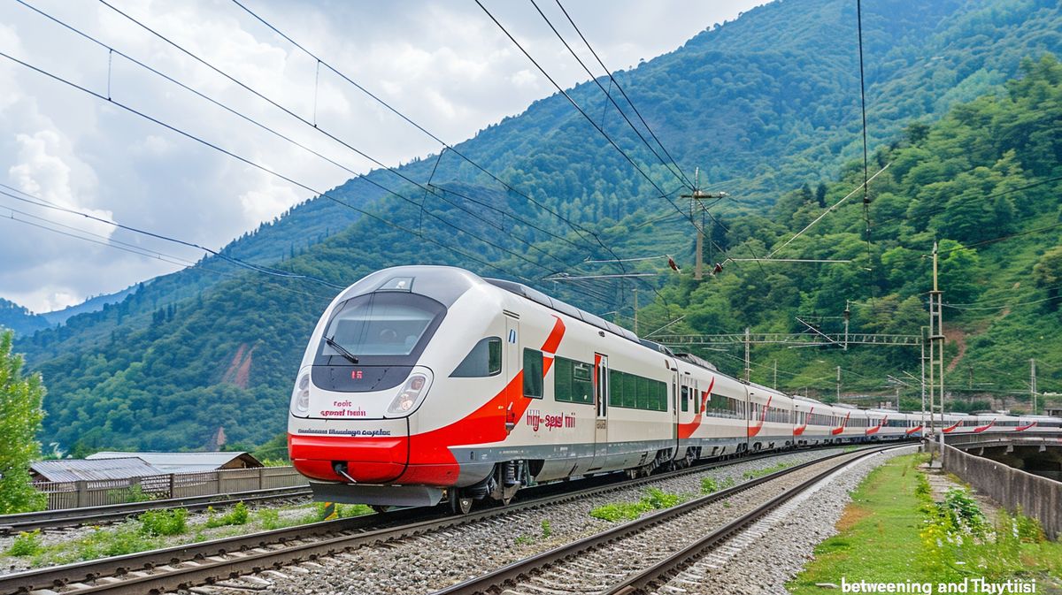 Batum Tiflis arası hızlı tren kaç saat sürdüğünü gösteren bilgilendirici harita ve tren fotoğrafı