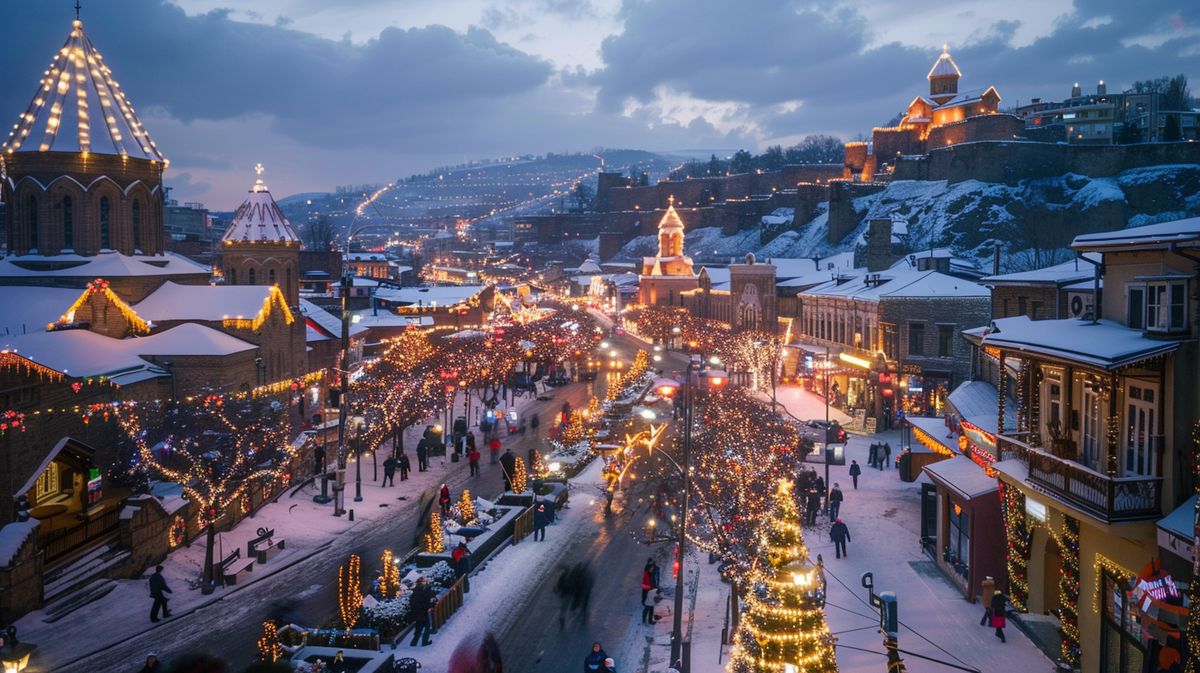 Tiflis Christmas süslemeleriyle aydınlatılmış gece manzarası