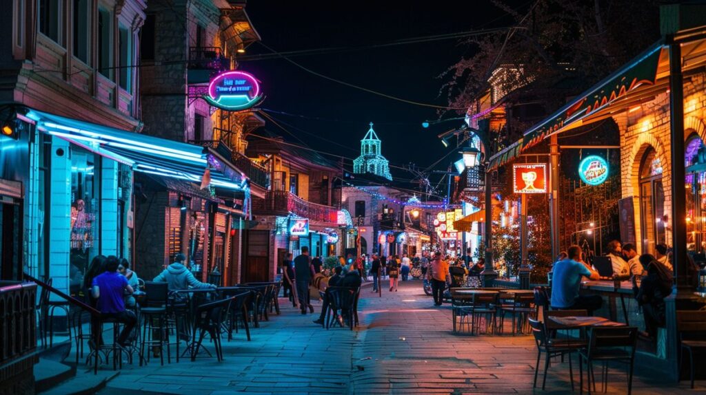 Tiflis barlar sokağındaki renkli gece hayatını gösteren canlı sokak manzarası