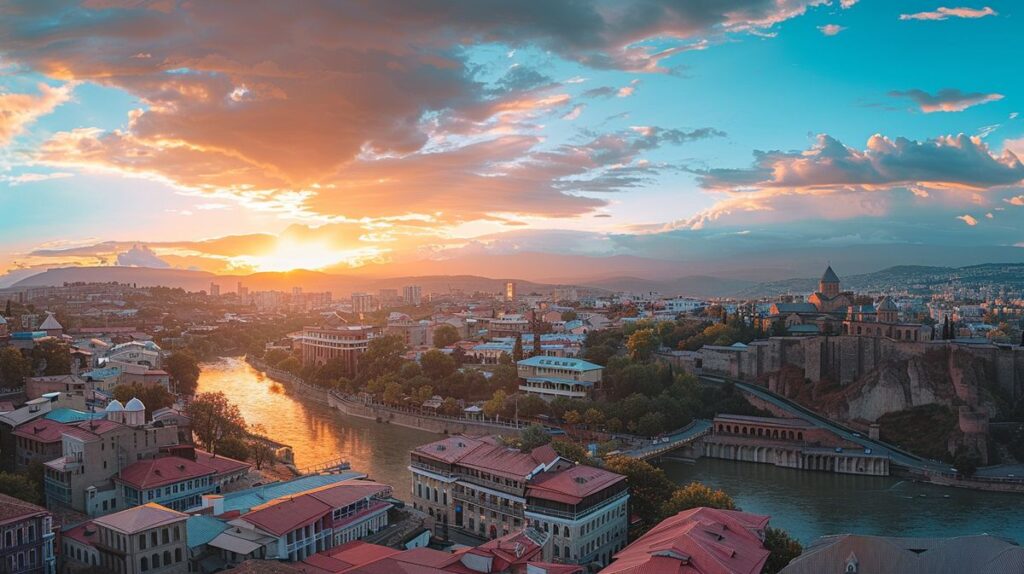 Tiflis nasıl bir yer olduğunu gösteren hareketli şehir manzarası ve gece aydınlatmaları