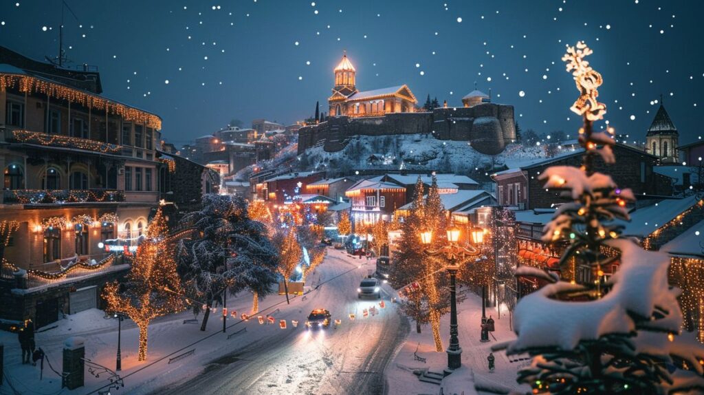 Tiflis Christmas kutlamaları sırasında süslenmiş cadde manzarası