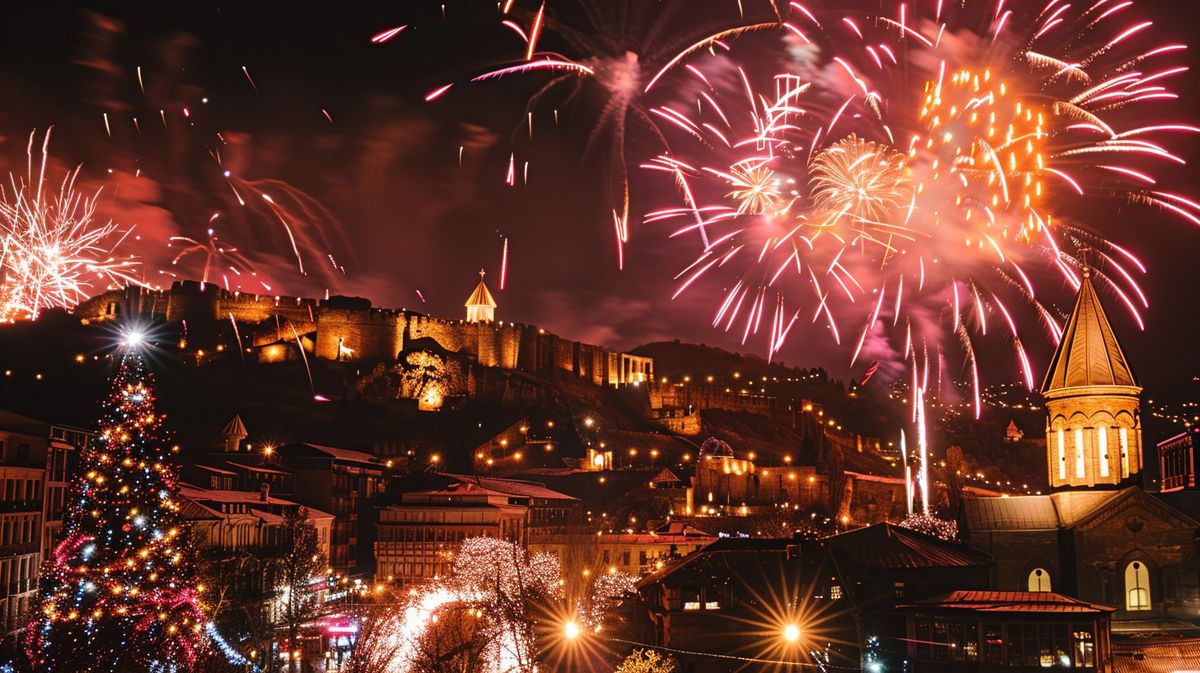 Yılbaşı Tiflis turu için gece aydınlatmalarıyla süslenmiş şehir manzarası