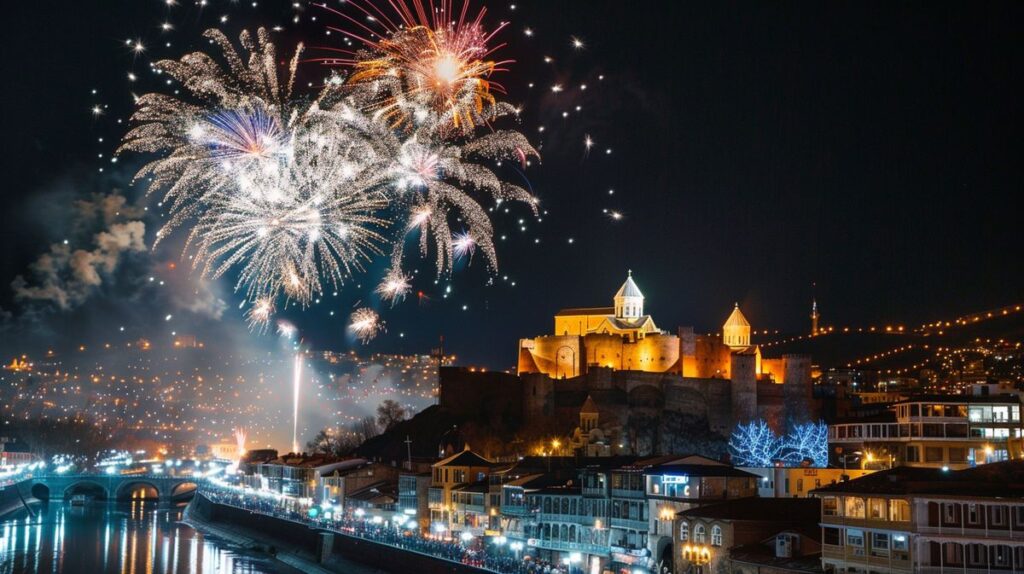 Yılbaşı Tiflis turu için şehir manzarası ve gece aydınlatmaları